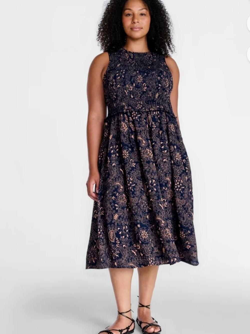 Navy Floral Smocked Midi Dress